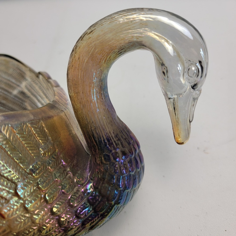 Imperial Glass Smoke Carnival Glass Swan Dish Figurine Iridescent IG Mark - Picture 6 of 15